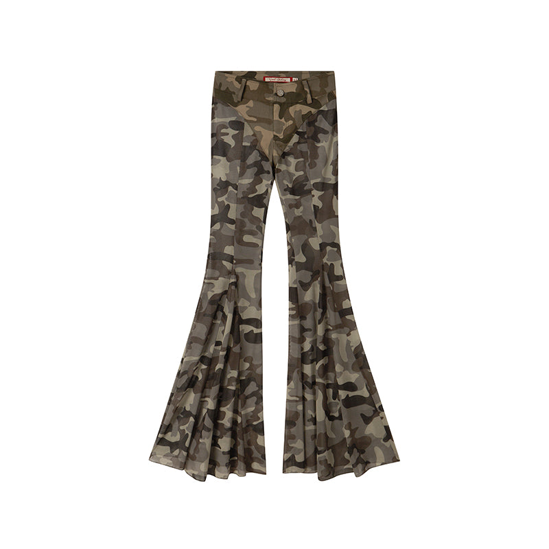 CAMOUFLAGE PRINT PATCHWORK MESH FLARE PANTS