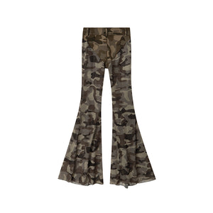 CAMOUFLAGE PRINT PATCHWORK MESH FLARE PANTS