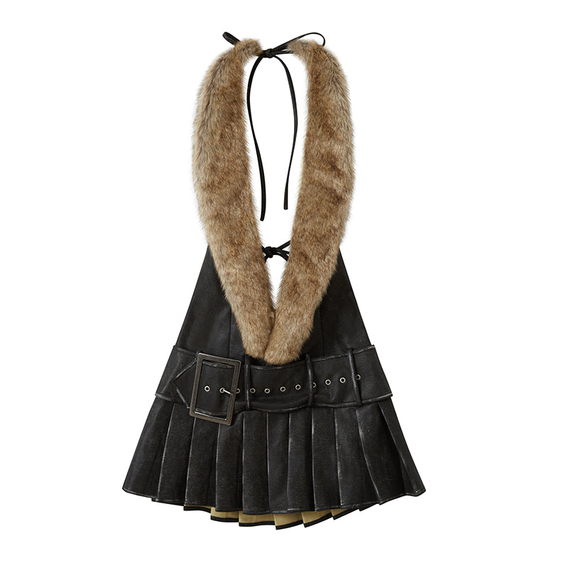 FAUX LEATHER PLEATED MINI SKIRT WITH FAUX FUR & KNITTED TURTLENECK TOP