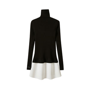 TURTLENECK TIGHT SWEATER WITH MINI SKIRT & FAUX FUR HAND WARMERS