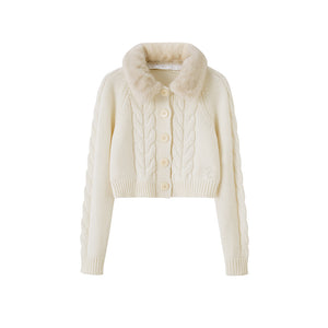 DETACHABLE SHEARLING-TRIM CABLE KNIT CARDIGAN