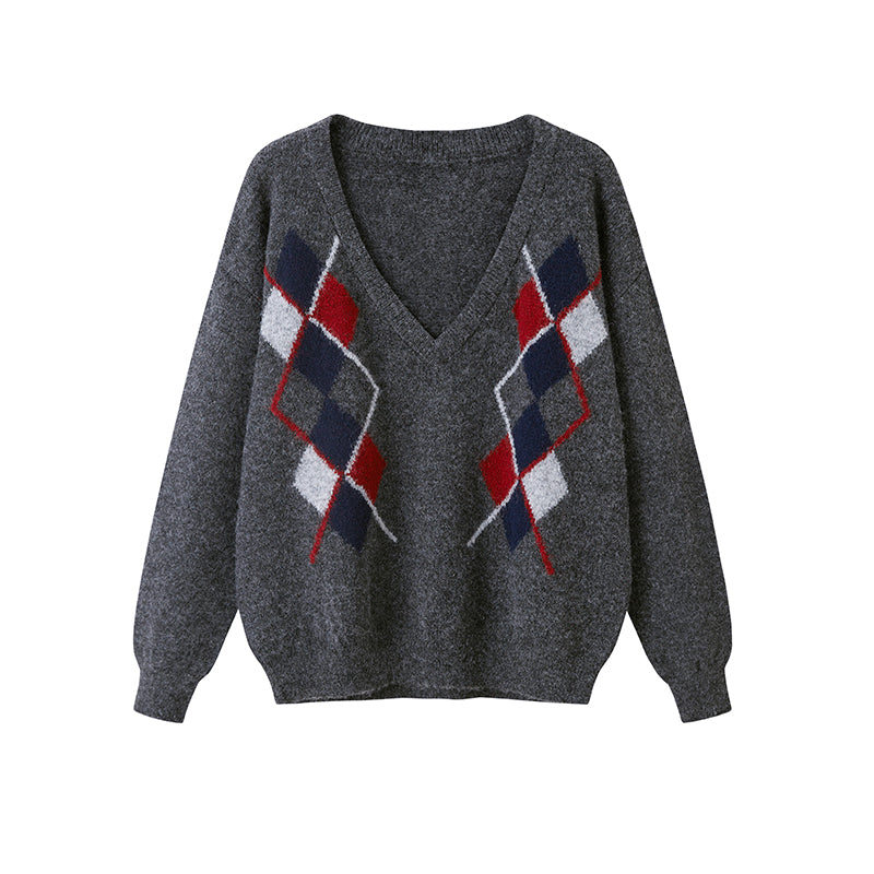 V-NECK WOOL-BLEND ARGYLE SWEATER