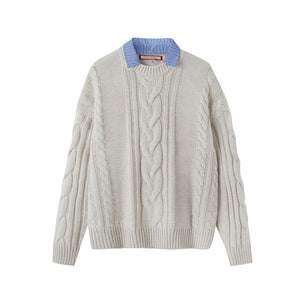 FLUFFY OVERSIZED CABLE-KNIT JUMPER WITH SHIRT COLLAR