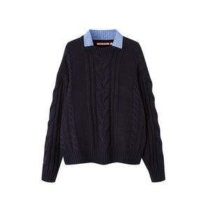 FLUFFY OVERSIZED CABLE-KNIT JUMPER WITH SHIRT COLLAR