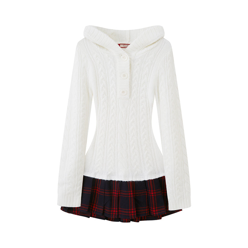 FESTIVE HODDED SWEATER DRESS WITH PLEATED SKIRT