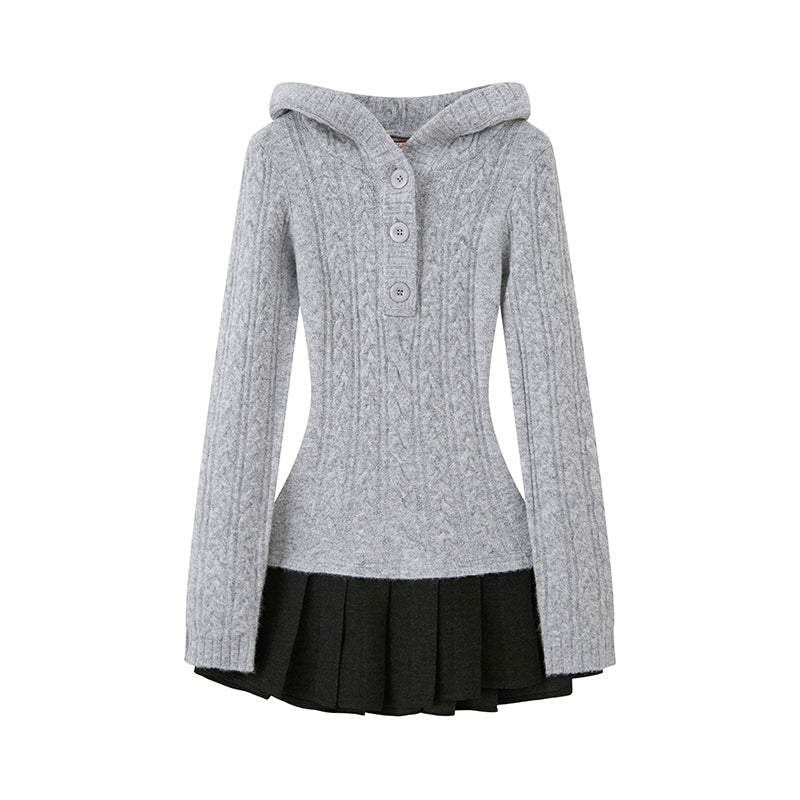 FESTIVE HODDED SWEATER DRESS WITH PLEATED SKIRT