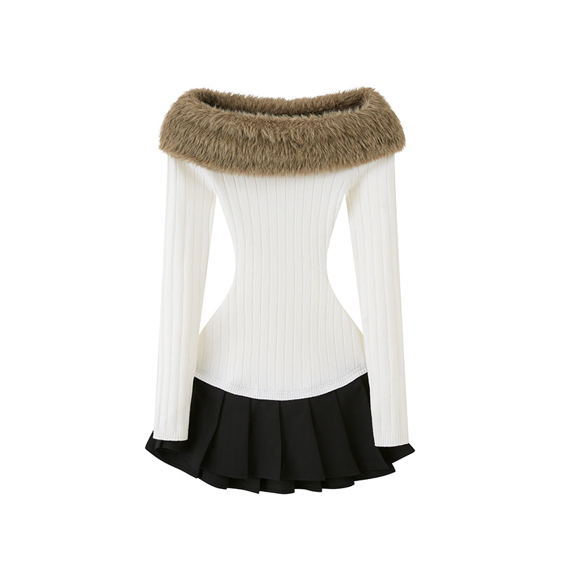 OFF-THE-SHOULDER PLEATED DRESS WITH FAUX FUR COLLAR