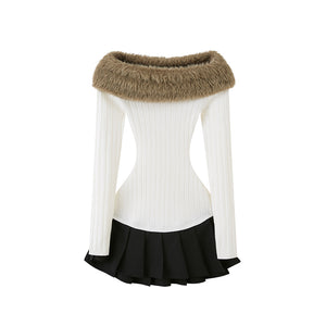 off the shoulder dress with fur OFF-THE-SHOULDER PLEATED DRESS WITH FAUX FUR COLLAR – Sweet Chilling