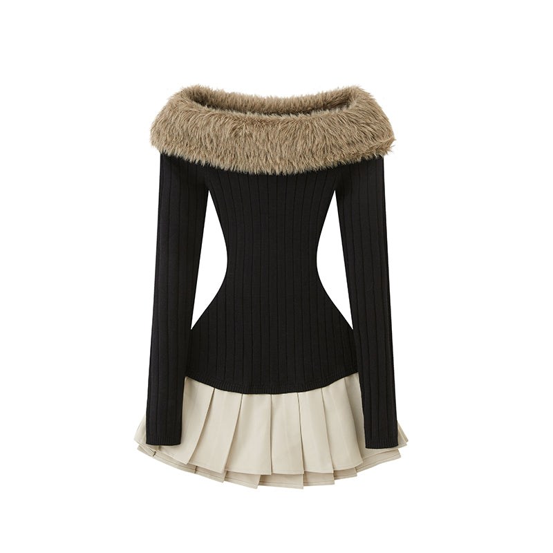 OFF-THE-SHOULDER PLEATED DRESS WITH FAUX FUR COLLAR