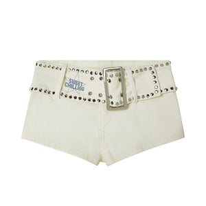 DENIM SHORT WITH RIVET BUCKLE BELT DETAIL