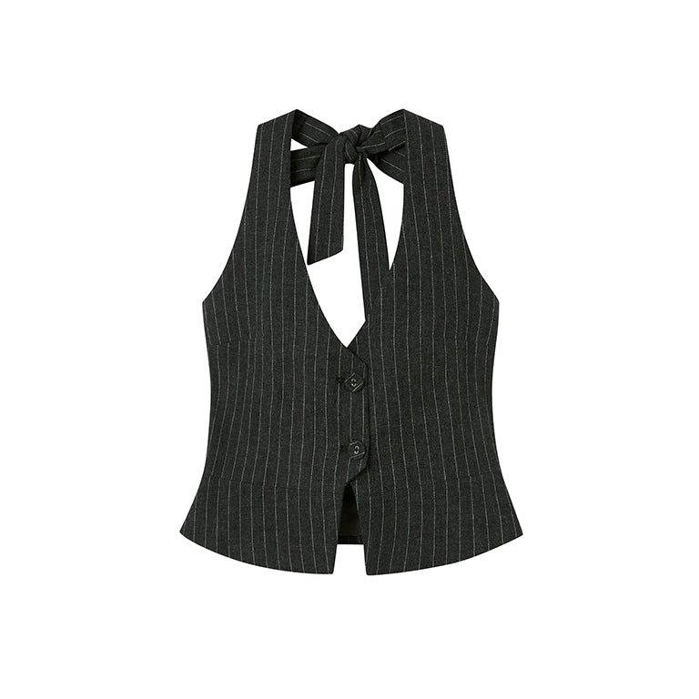 HALTER CROP WAISTCOAT IN STRIPE & PATCHWORK PLEATED MINI SKIRT